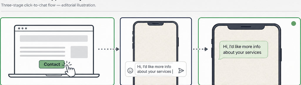 Three-panel illustration showing a laptop contact button leading to a phone chat input and a sent message on a smartphone.