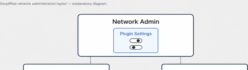 Diagram showing a network administration layout with a Network Admin box containing plugin settings toggles.