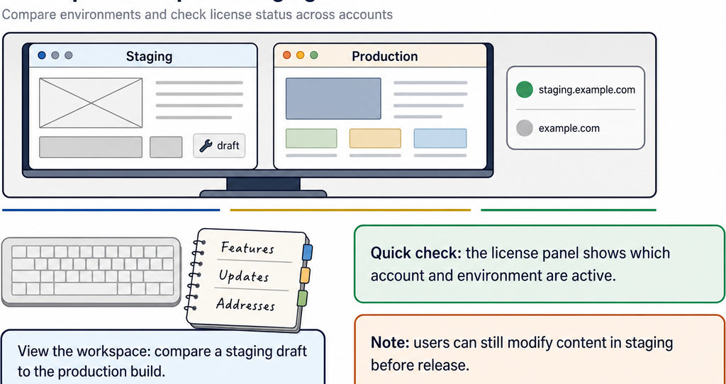 A split-screen monitor showing staging and production web interfaces with notes, keyboard, and checklist explaining environment comparison.