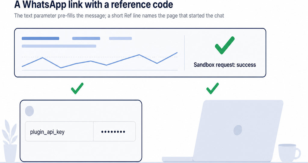 Illustration showing three UI panels indicating a successful WhatsApp link setup with checkmarks, an API key field, and laptop.