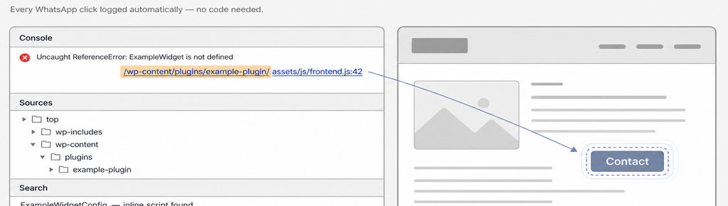 Browser developer console error on left points to a website mockup on right with a highlighted Contact button.